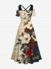 Flower Leaf Branch Newspaper Print Hawaii Cold Shoulder Crisscross A Line Maxi Dress -  
