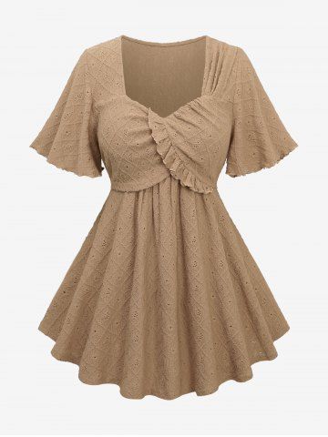 Plus Size Hollow Out Rhombus Embroidery Ruffles Surplice Top - COFFEE - M | US 10