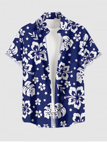 Chemise hawaïenne grande taille pour homme, à imprimé feuilles tropicales et fleurs d'hibiscus, boutons et poche.