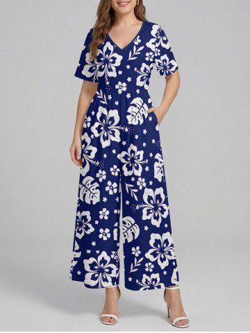 Hibiscus Flowers Tropical Leaf Print V Neck Hawaii Wide Leg Jumpsuit
