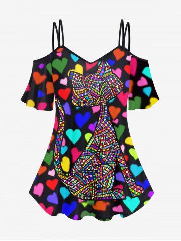 Plus Size Cold Shoulder Colorful Heart Colorblock Cat Print Cami T-shirt - BLACK - 6X