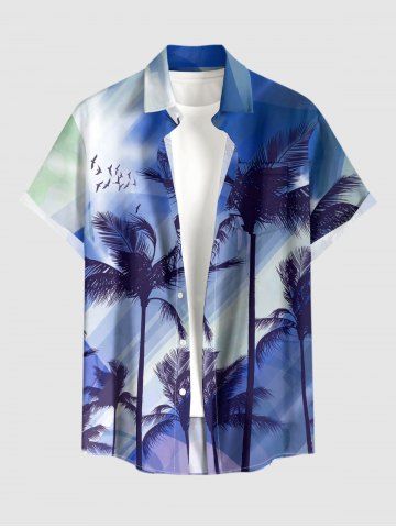 Plus Size Coconut Tree Ombre Light Beam Print Hawaii Button Pocket Shirt For Men - BLUE - S