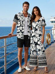 Hibiscus Flowers Tropical Leaf Print Matching Hawaii Beach Outfit For Couples -  
