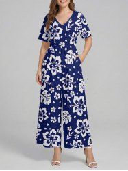 Combinaison hawaïenne à jambes larges et col en V, imprimée de feuilles tropicales et de fleurs d'hibiscus - Bleu profond S