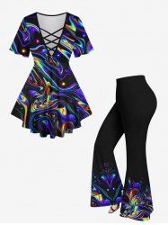 Light Beam Watercolor Striped Print Lattice T-shirt and Pull On Flare Pants Matching Set -  