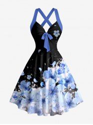 Flower Petal Print Hawaii Halter Crisscross Strappy A Line Dress - Bleu Ciel M