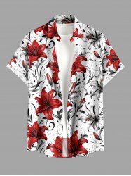 Lily Flower Leaf Print Buttons Pocket Hawaii Shirt For Men -  
