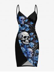 Rose Flower Skulls Print Hawaii Convertible Beach Cover Up - Bleu profond M