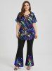 Light Beam Watercolor Striped Print Lattice T-shirt and Pull On Flare Pants Matching Set -  