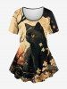 Cat Tree Leaf Flower Print Short Sleeves T-shirt and Leggings Matching Set -  