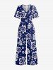 Combinaison hawaïenne à jambes larges et col en V, imprimée de feuilles tropicales et de fleurs d'hibiscus - Bleu profond S