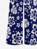 Combinaison hawaïenne à jambes larges et col en V, imprimée de feuilles tropicales et de fleurs d'hibiscus - Bleu profond S