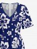 Combinaison hawaïenne à jambes larges et col en V, imprimée de feuilles tropicales et de fleurs d'hibiscus - Bleu profond S