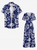 Combinaison hawaïenne à jambes larges et col en V, imprimée de feuilles tropicales et de fleurs d'hibiscus - Bleu profond S