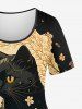 Plus Size Cat Tree Leaf Flower Print Short Sleeves T-shirt -  