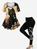 Plus Size Cat Tree Leaf Flower Print Short Sleeves T-shirt -  