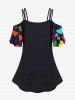 Plus Size Cold Shoulder Colorful Heart Colorblock Cat Print Cami T-shirt -  