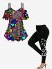Plus Size Cold Shoulder Colorful Heart Colorblock Cat Print Cami T-shirt -  