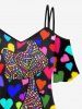 Plus Size Cold Shoulder Colorful Heart Colorblock Cat Print Cami T-shirt -  