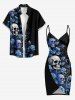 Rose Flower Skulls Print Hawaii Convertible Beach Cover Up - Bleu profond M