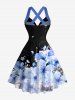 Flower Petal Print Hawaii Halter Crisscross Strappy A Line Dress - Bleu Ciel M