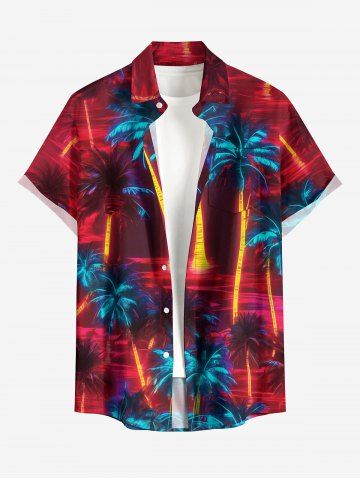 Plus Size Glitter Neon Coconut Tree Print Hawaii Button Pocket Shirt For Men - RED - S