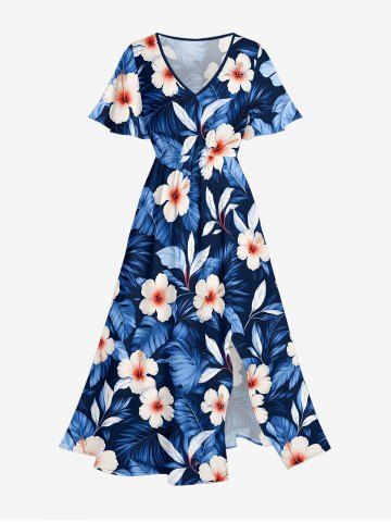 Plus Size Hibiscus Flower Tropcial Leaf Print Split Hawaii Midi Dress