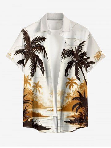 Plus Size Coconut Tree River Print Hawaii Button Pocket Shirt For Men - WHITE - XL
