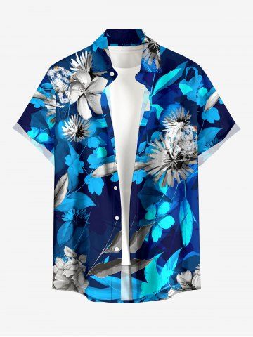 Plus Size Dandelion Flower Leaf Print Buttons Pocket Hawaii Shirt For Men - BLUE - 2XL