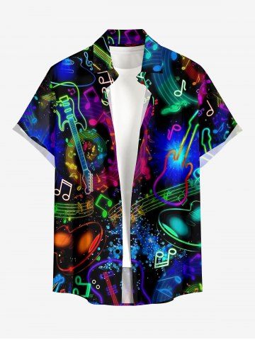 Music Symbol Guitar Ombre Galaxy Print Hawaii Button Pocket Shirt For Men - GREEN - M
