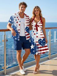 Patriotic American Flag Heart Print Matching Outfit For Couples - Bleu 