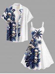 Skull Flower Tropical Leaf Coconut Tree Print Matching Hawaii Beach Outfit For Couples - Bleu Marine 