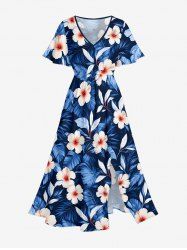 Hibiscus Flower Tropcial Leaf Print Split Hawaii Midi Dress - Bleu profond M