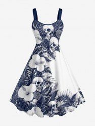 Skull Hibiscus Flower Leaf Print Hawaii Tank Dress -  
