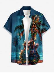 Coconut Tree Glitter Guitar Galaxy Print Hawaii Button Pocket Shirt For Men -  