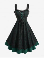 Robe débardeur gothique grande taille en jacquard floral à lacets et œillets, avec volants et dentelle - Vert profond 2X | US 18-20