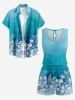 Matching Hawaii Shirt and Romper Beach Outfit Hibiscus Flower Leaf Ombre Print for Couples - Turquoise Foncée 
