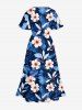 Hibiscus Flower Tropcial Leaf Print Split Hawaii Midi Dress - Bleu profond M