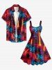 Glitter Neon Coconut Tree Print Hawaii A Line Dress - Rouge M