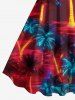 Glitter Neon Coconut Tree Print Hawaii A Line Dress - Rouge M