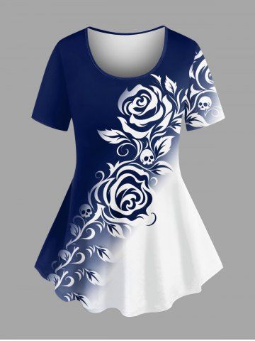 Plus Size Rose Flower Leaf Skull Colorblock Print T-shirt - DEEP BLUE - L