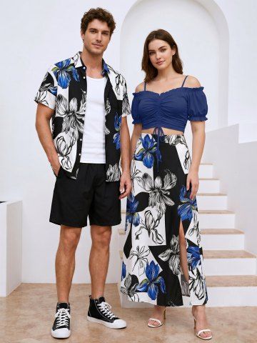 Colorblock Flower Print Plus Size Matching Hawaii Beach Outfit For Couples - NAVY BLUE