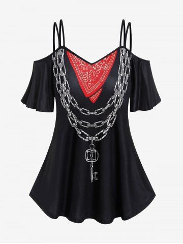 Plus Size Chain Key Scarf Print Cold Shoulder Cami T-shirt - BLACK - 1X