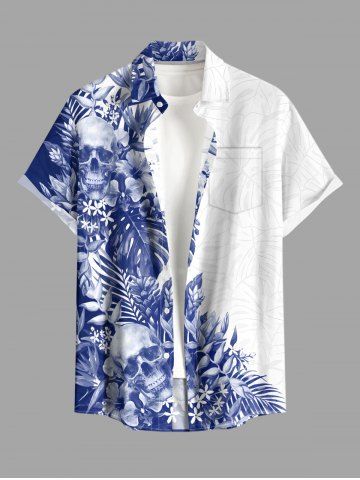 Plus Size Skulls Tropical Leaf Hibiscus Flower Print Hawaii Button Pocket Shirt For Men - BLUE - 2XL