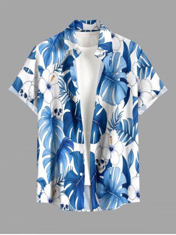 Plus Size Skull Hibiscus Flower Tropical Leaf Print Buttons Pocket Hawaii Shirt For Men - BLUE - M
