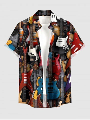 Plus Size Musical Instruments Bass Print Buttons Pocket Hawaii Shirt For Men - DEEP BROWN - 6XL