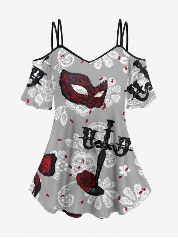 Halloween Flower Mask Bowknot Candlestick Print Cold Shoulder Cami T-shirt - LIGHT GRAY - 3X