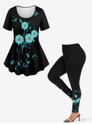 Glitter Sparkling Ball Sunflower Print Short Sleeves T-shirt and Leggings Matching Set -  