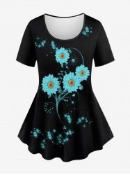 Plus Size Glitter Sparkling Ball Sunflower Print Short Sleeves T-shirt - Noir S