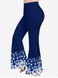 Flower Leaf Colorblock Print Flare Pants - Bleu profond L